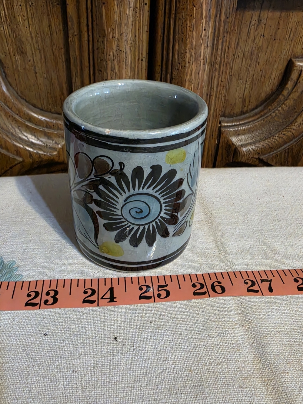 Handcrafted Ceramic Floral Tumbler Vase - Gray with Brown & Yellow Accents